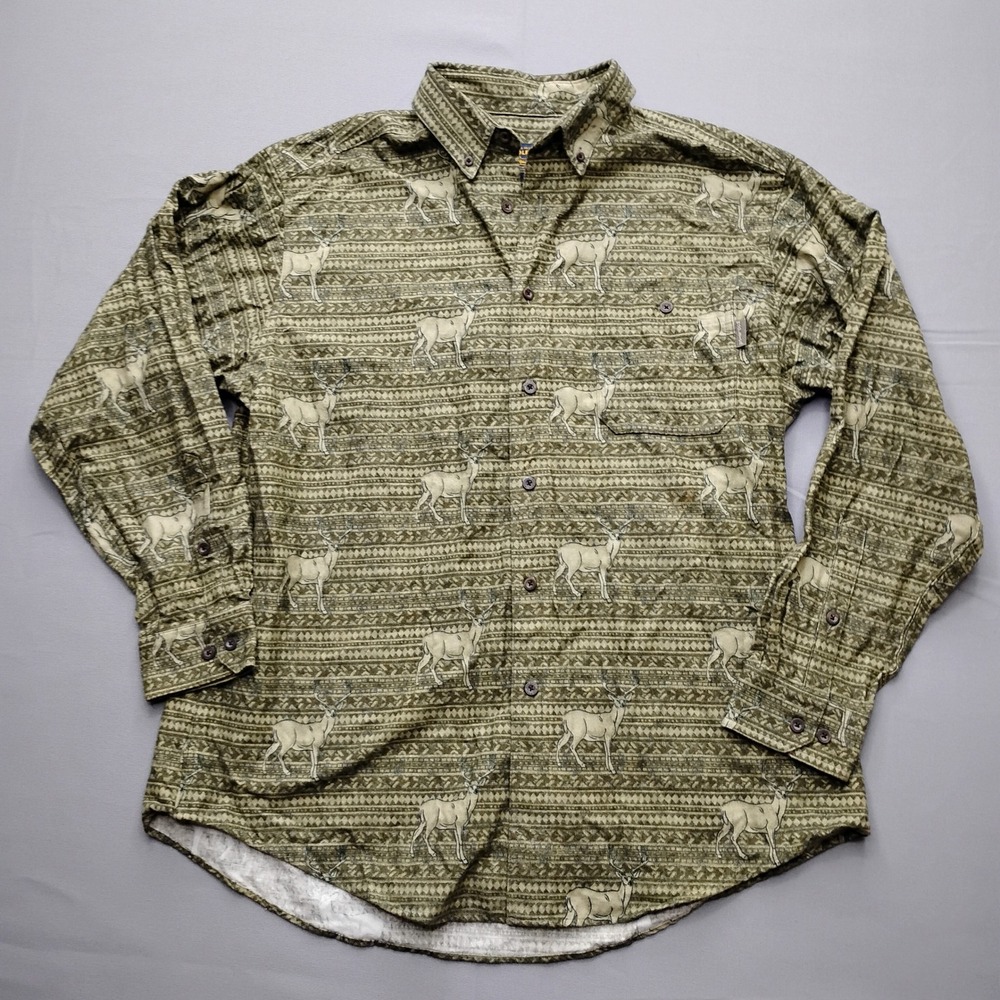 Woolrich Mens XL Green Deer Fair Isle Print Long Sleeve Cotton Button Down Shirt